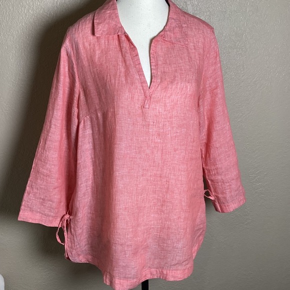 Sigrid Olsen Tops - Sigrid Olsen Women's Coral Pink 100% Linen Split Neck Tunic Top, Side Ties Small
